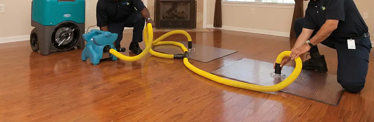 emergency water removal technicians extracting standing water from a home using professional equipment in Erie, PA