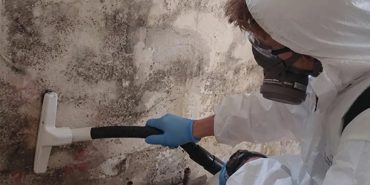 professional mold removal technician wearing protective equipment removing mold from a wall in Erie, PA