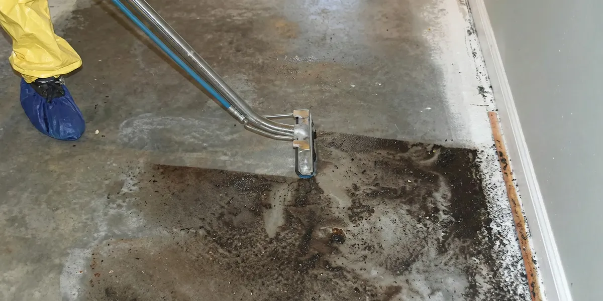 sewage removal technicians extracting contaminated wastewater from a residential floor in Erie, PA